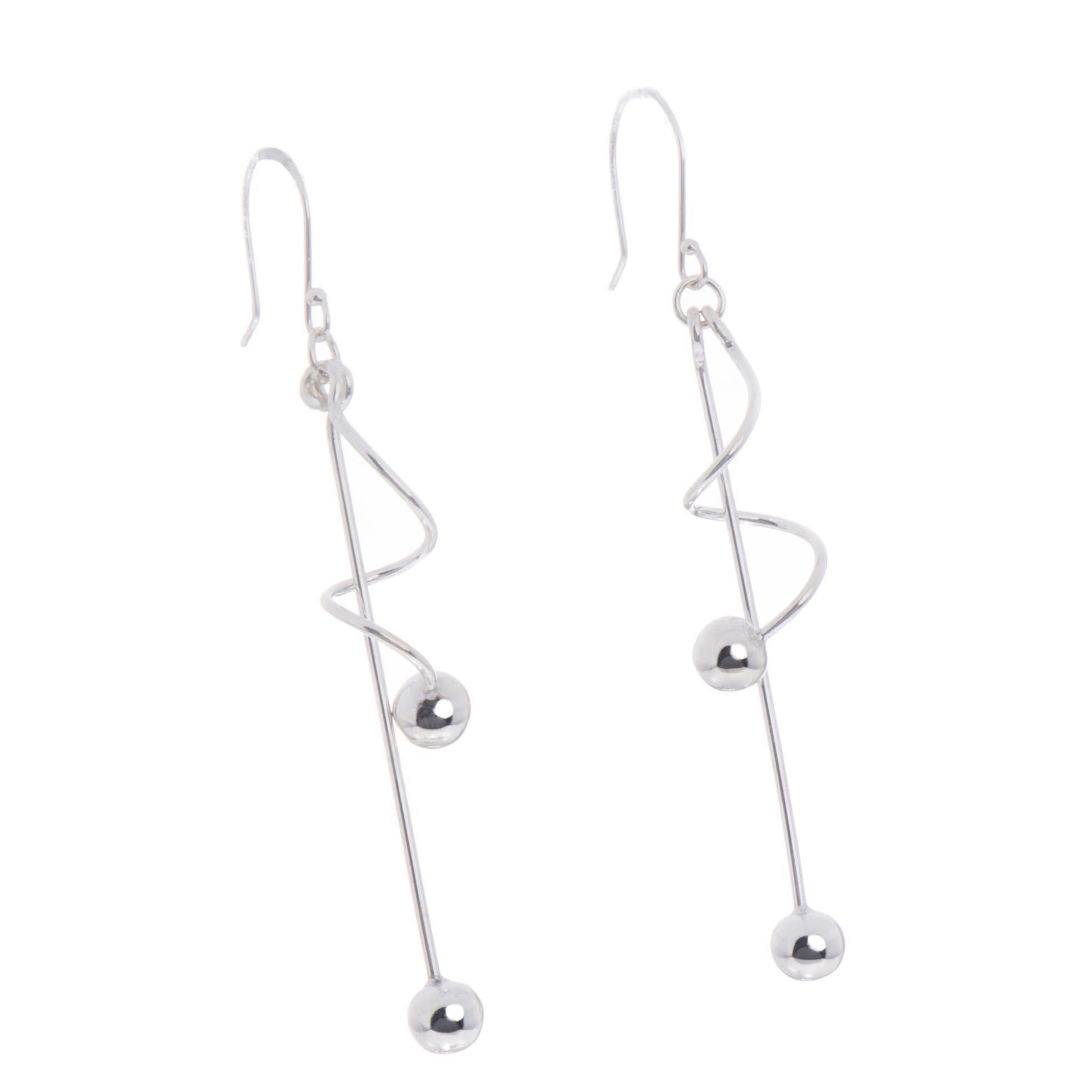 Long silver earrings with spiral and spheres