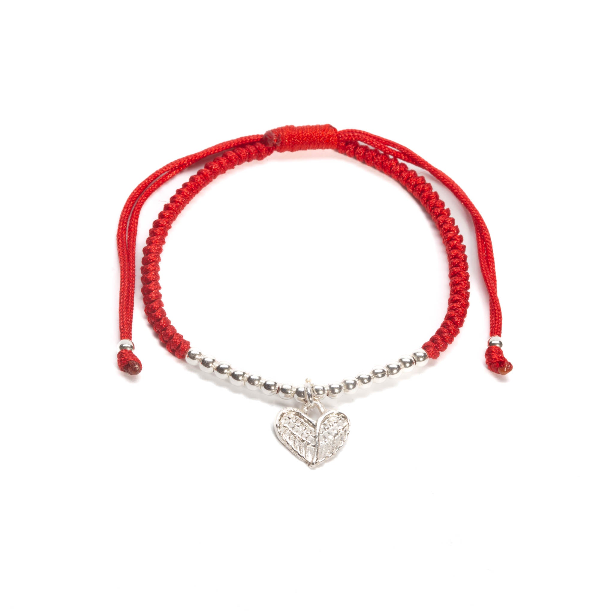 Pulsera de hilo rojo con dije de corazón y alas de ángel . de plata mexicana