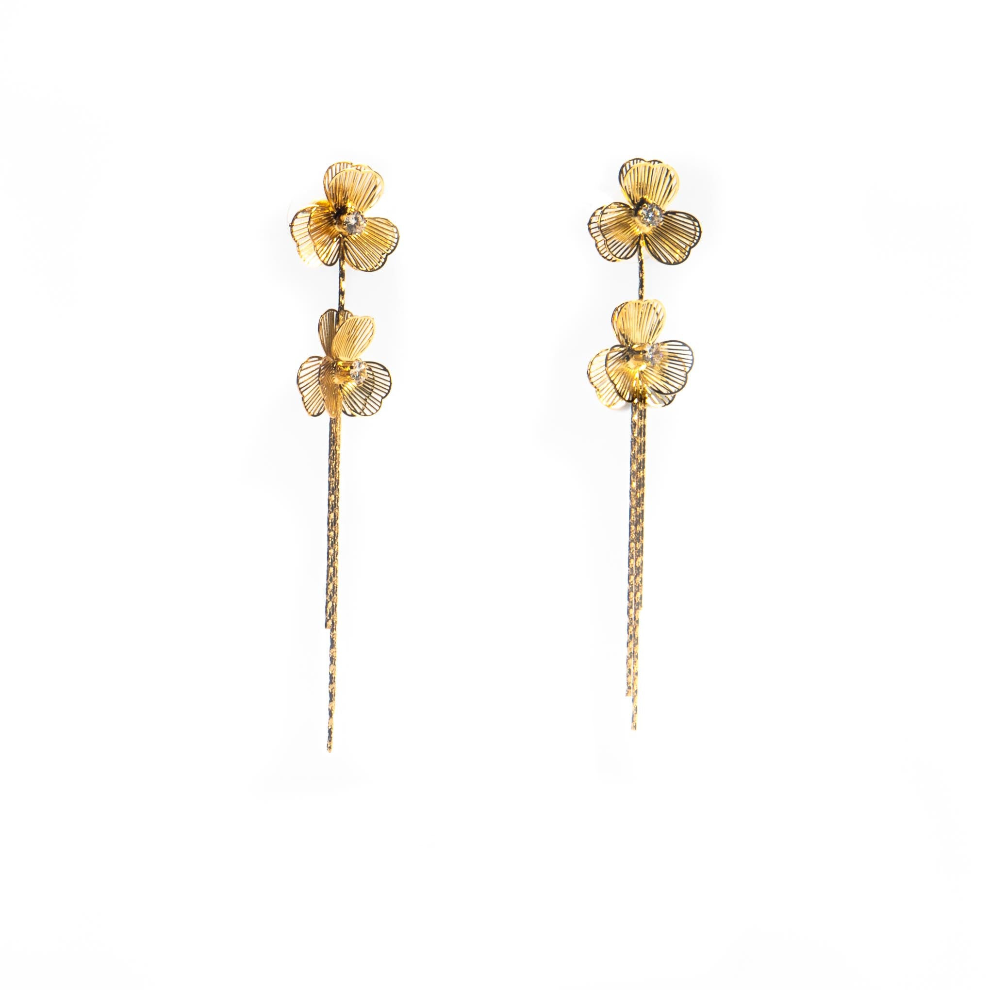 Aretes largos flores duo doradas 