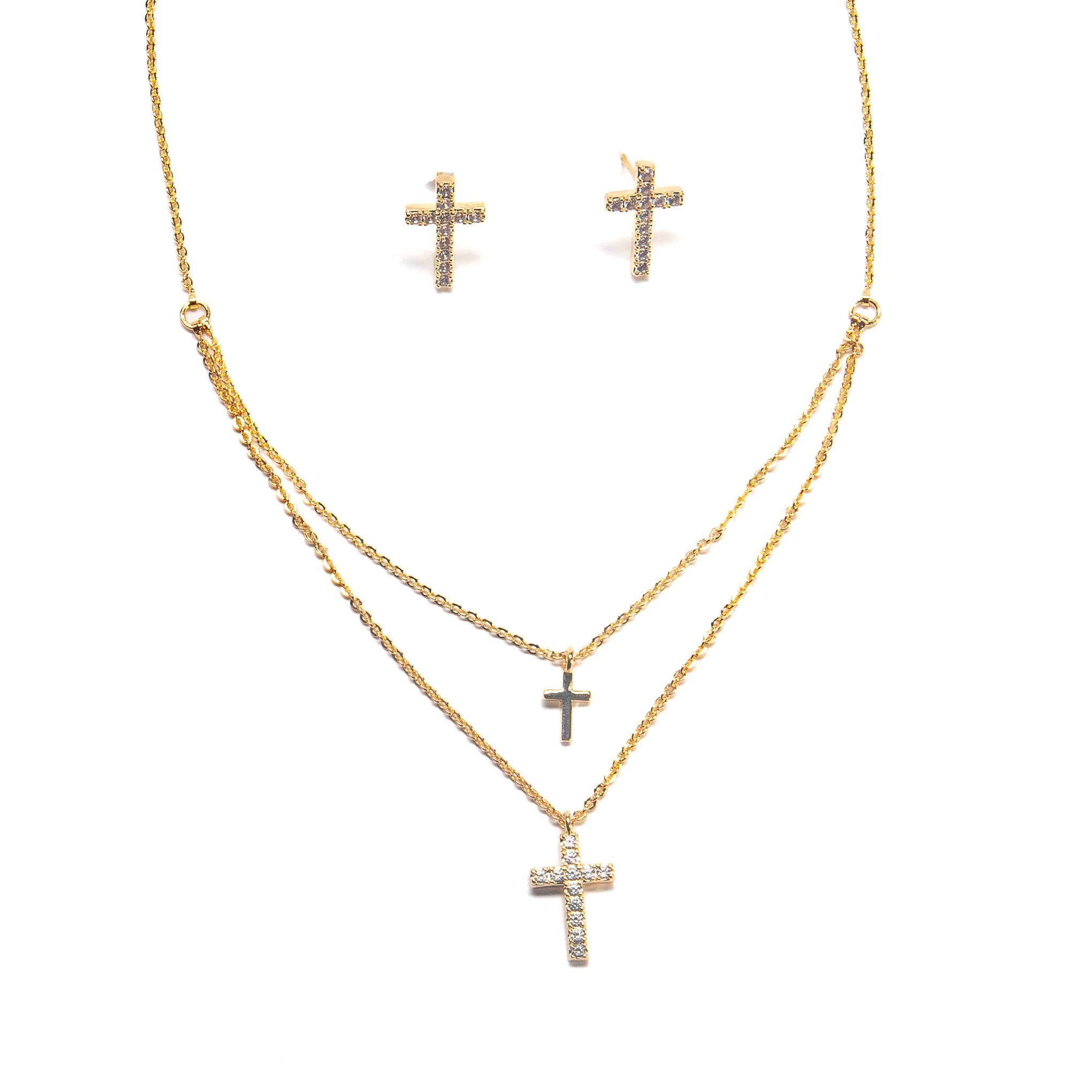 Collar y aretes dorado doble cruz con zirconias 