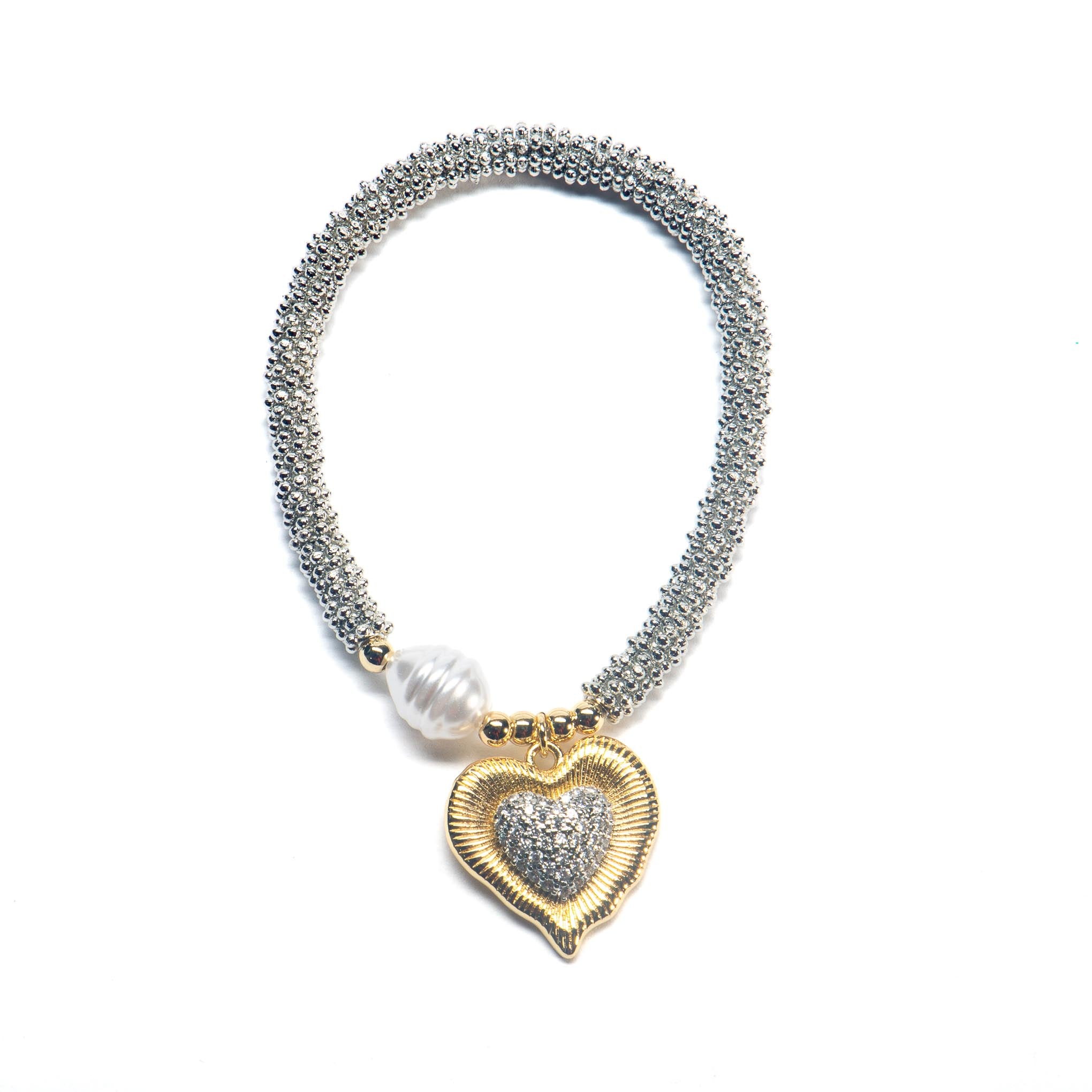 Pulsera elástica plateada mate y corazón zirconias 