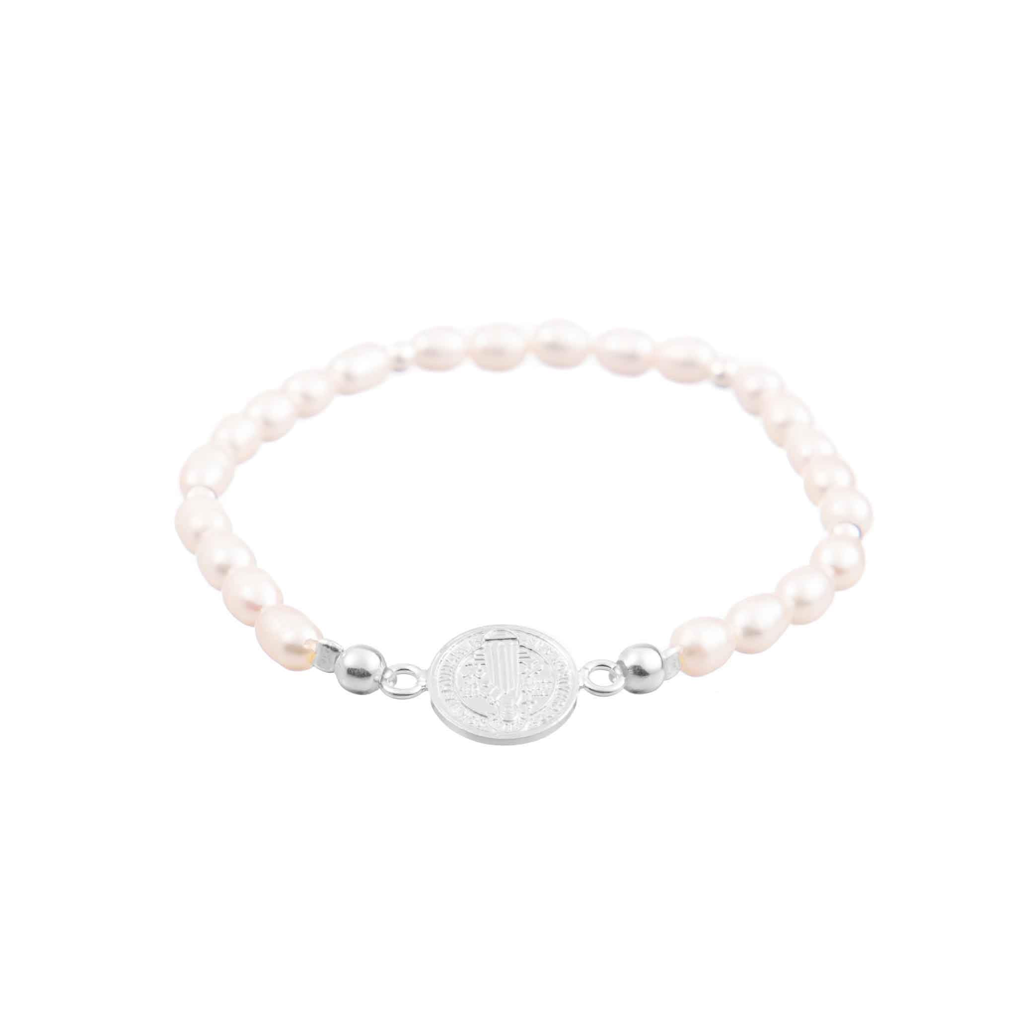 Pearl bracelet with silver St. Benedict charm