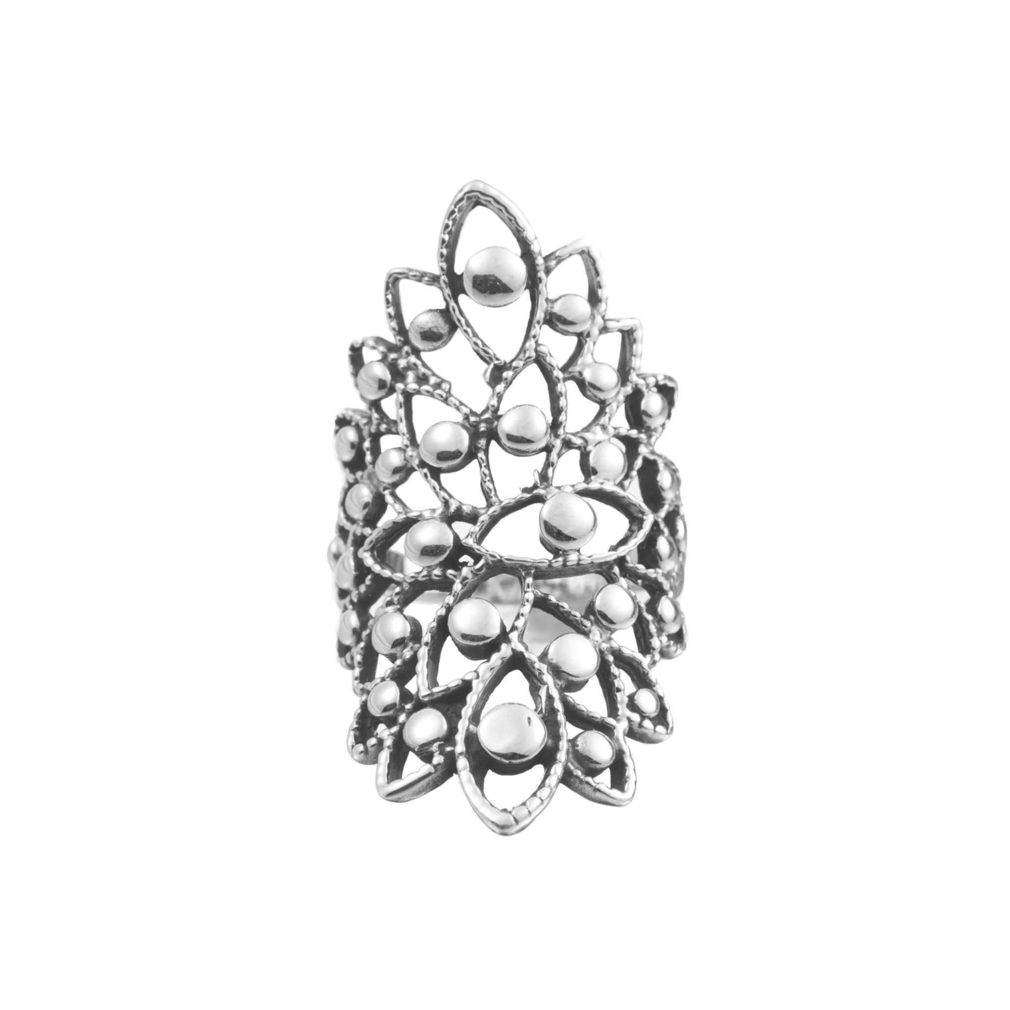 Anillo floreado con esferas mini de plata de plata mexicana