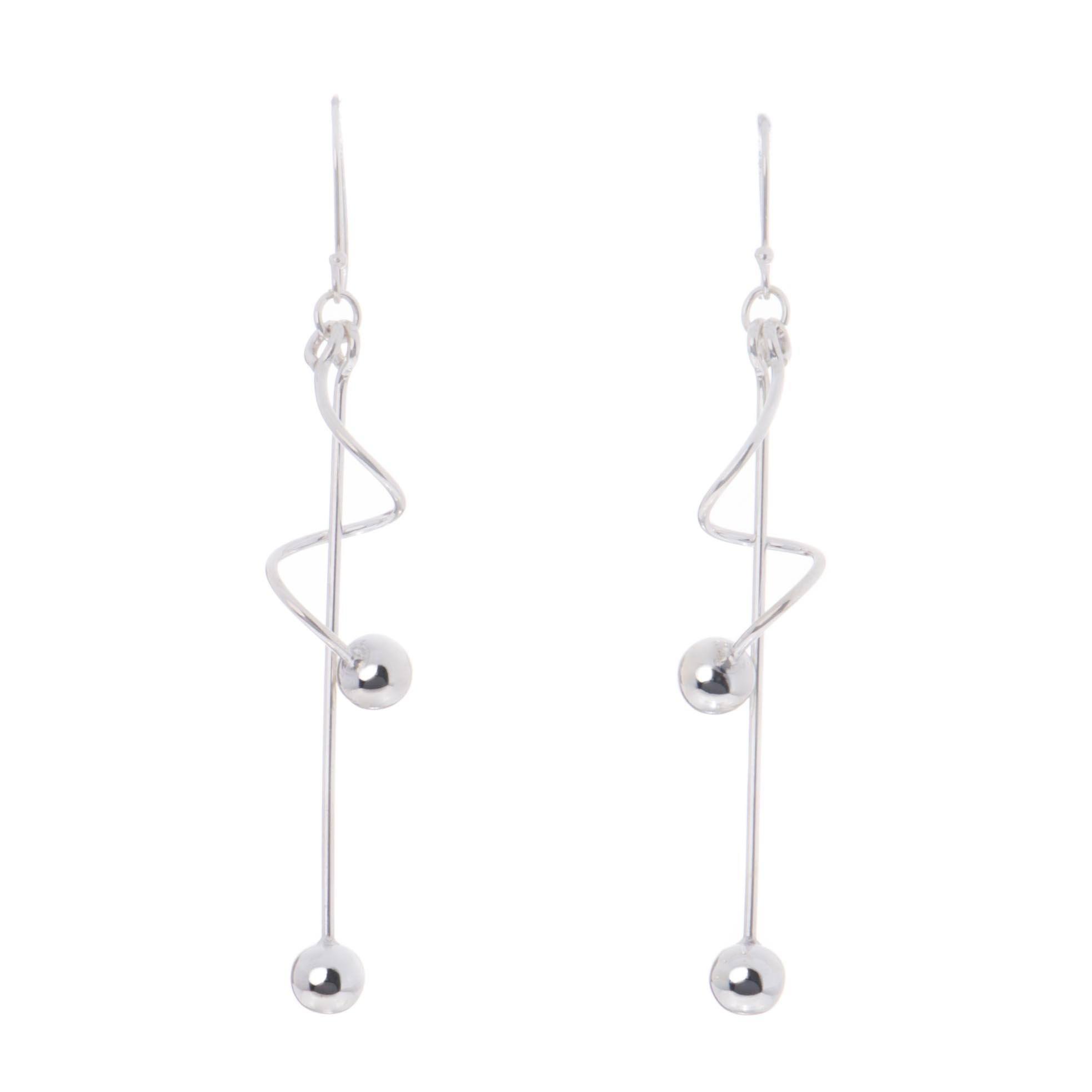 Long silver earrings with spiral and spheres